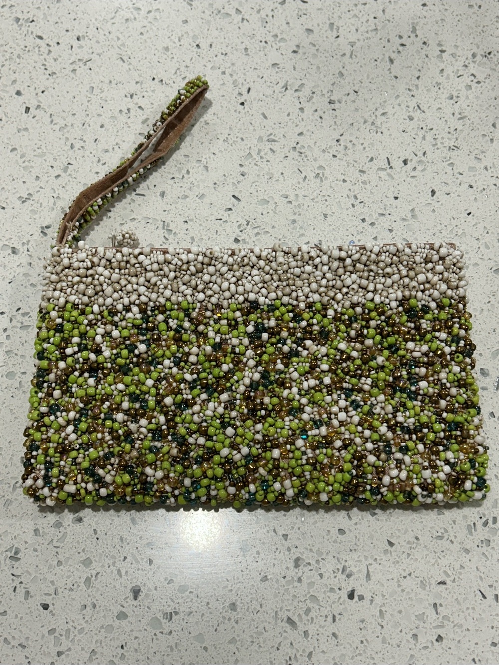 NWOT Beaded Boho Green Cream Brown Bronze Evening Wristlet Clutch Bag